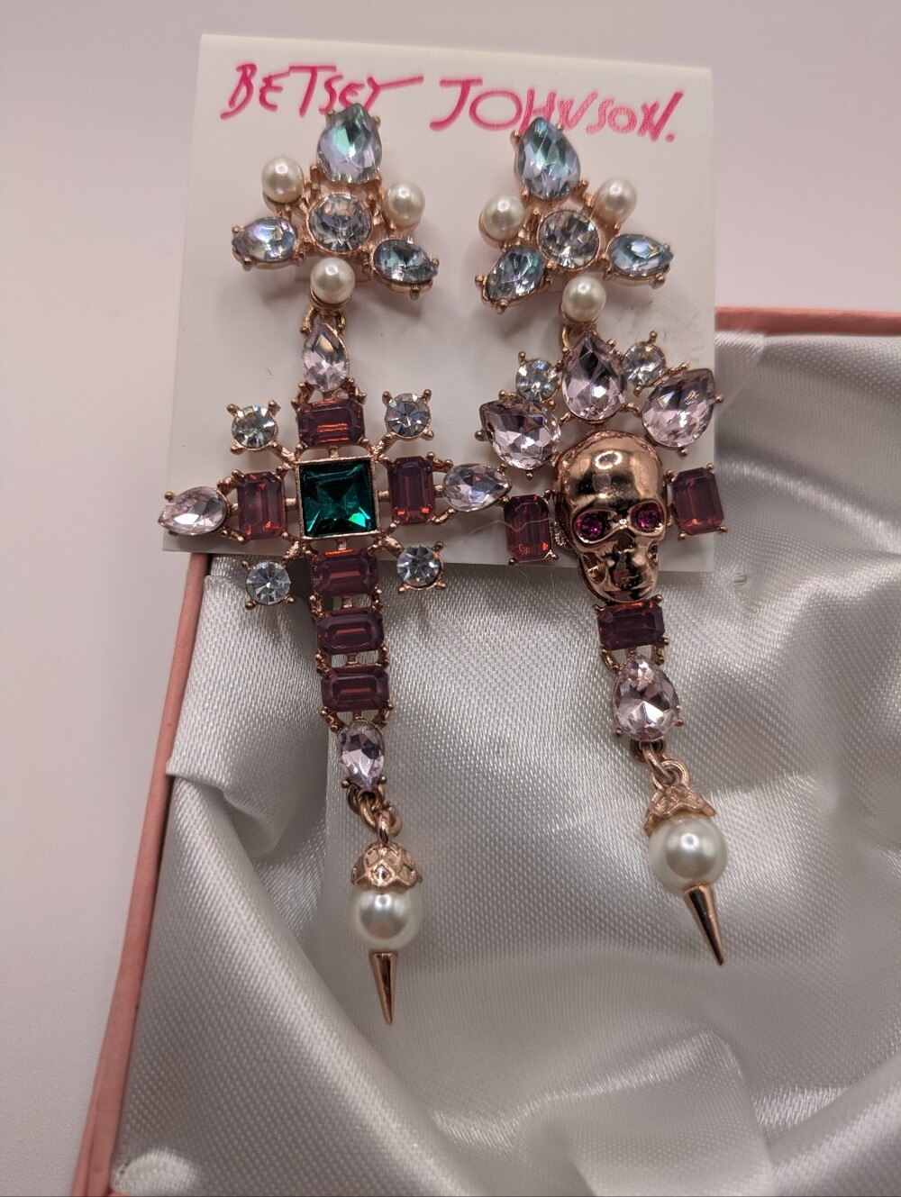 Betsey Johnson "Dutchess Of Betseyville" Crystal Cross & Skull Drop Earrings